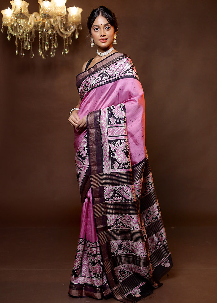 Purple Handloom Printed Pure Silk Saree Without Blouse Piece