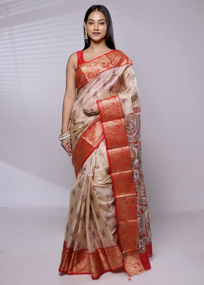 Cream Printed Pure Silk Saree Without Blouse Piece