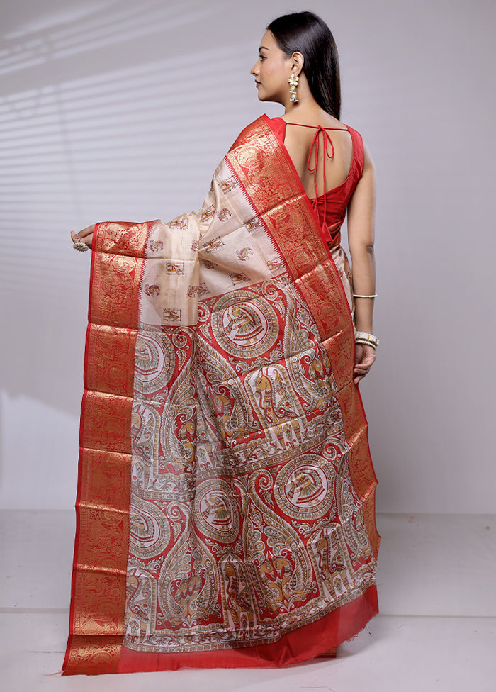 Cream Printed Pure Silk Saree Without Blouse Piece