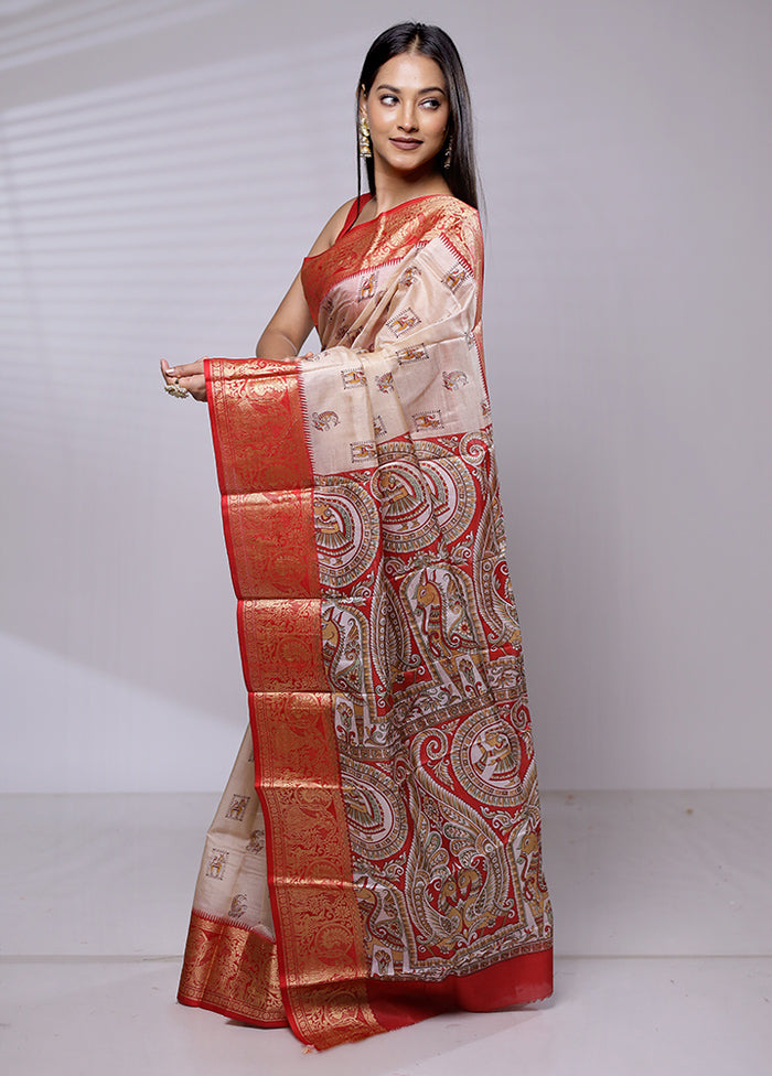 Cream Printed Pure Silk Saree Without Blouse Piece