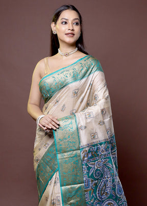 Cream Printed Pure Silk Saree Without Blouse Piece