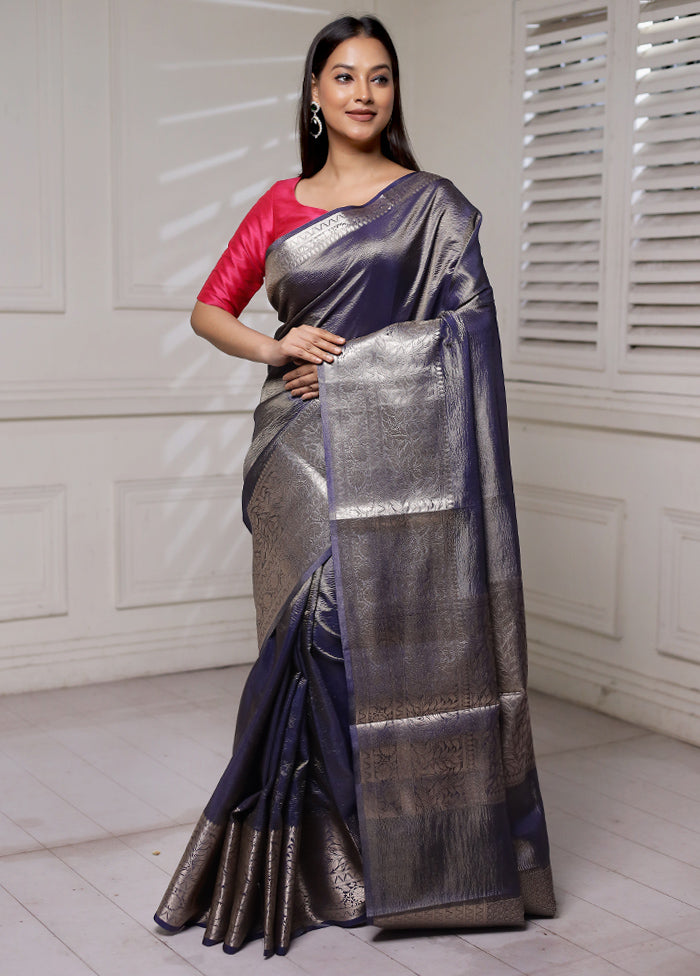Blue Crushed Tissue Silk Saree With Blouse Piece
