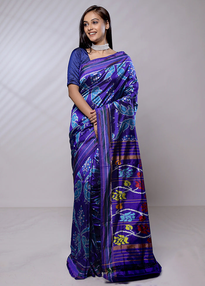 Blue Handloom Ikkat Pure Silk Saree With Blouse Piece