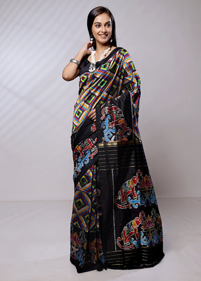 Black Handloom Ikkat Pure Silk Saree With Blouse Piece