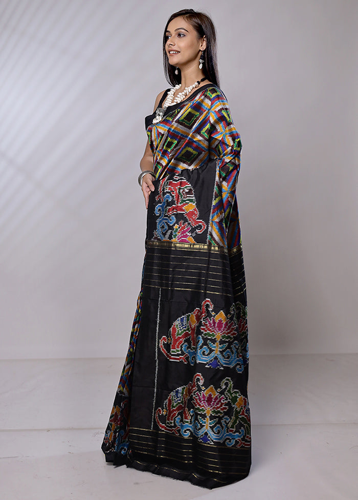 Black Handloom Ikkat Pure Silk Saree With Blouse Piece