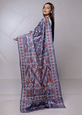 Blue Handloom Kantha Stitch Pure Silk Saree With Blouse Piece