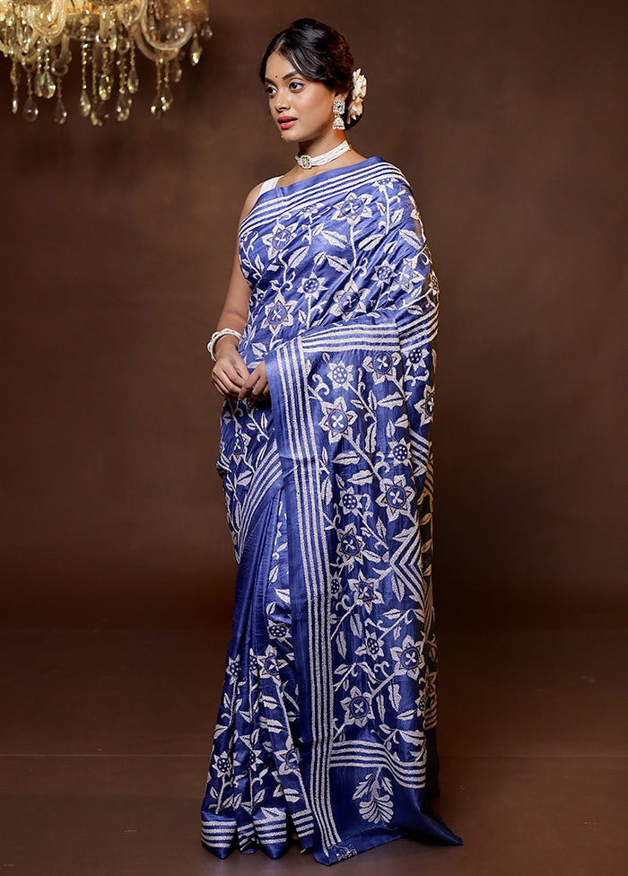 Blue Handloom Kantha Stitch Pure Silk Saree With Blouse Piece