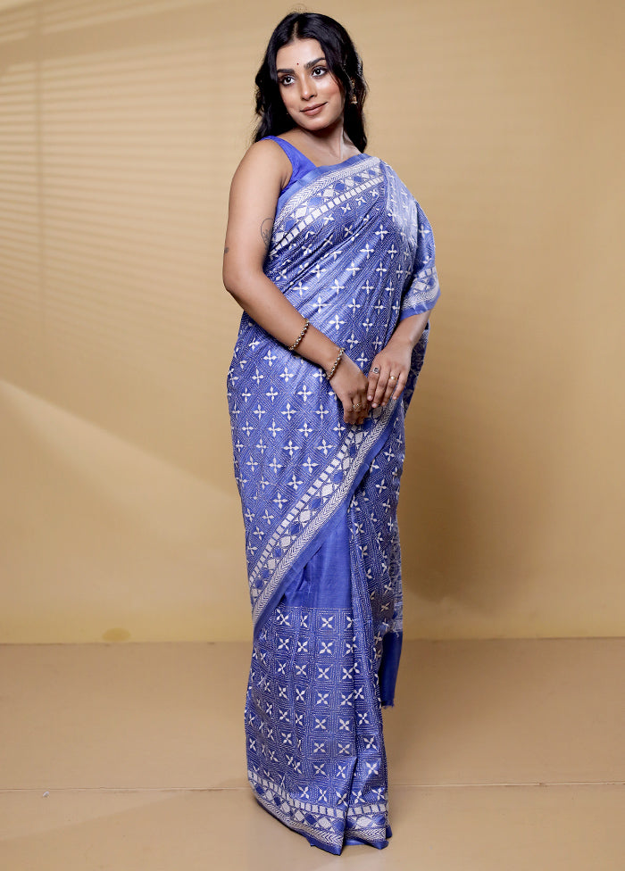 Blue Handloom Kantha Stitch Pure Silk Saree With Blouse Piece