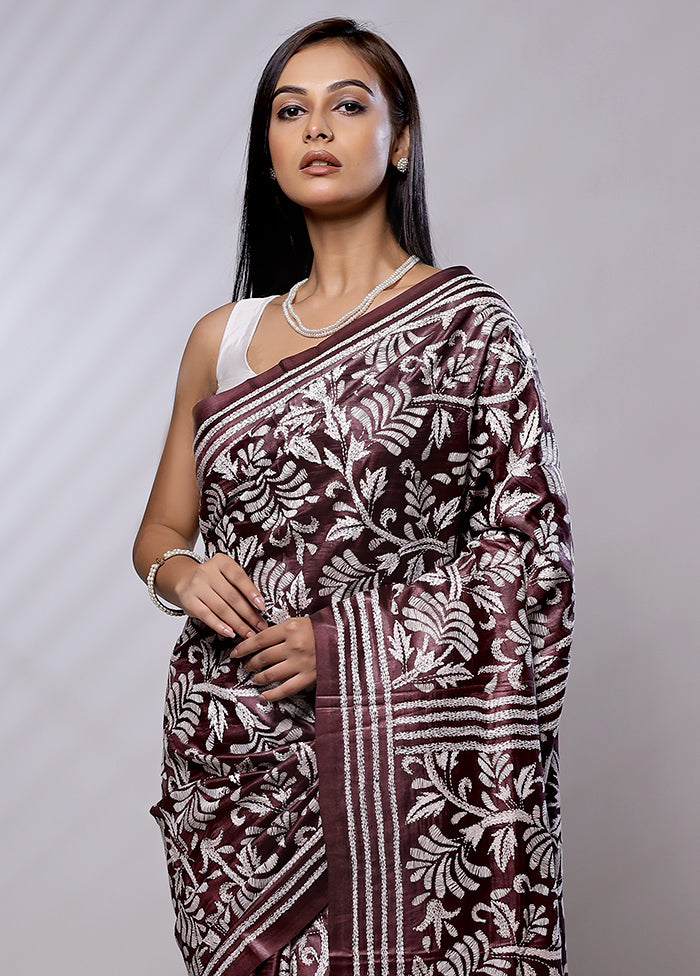 Purple Handloom Kantha Stitch Pure Silk Saree With Blouse Piece