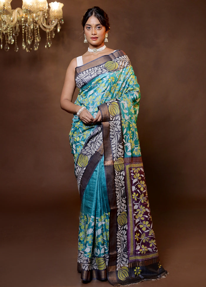Green Handloom Kantha Stitch Pure Silk Saree With Blouse Piece