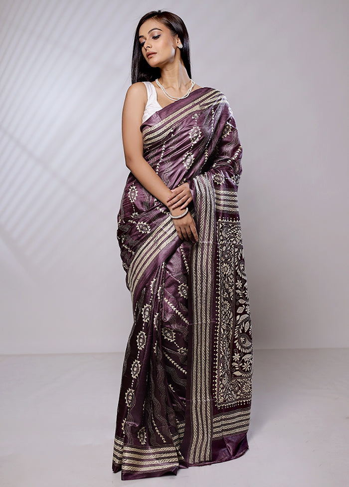 Purple Handloom Kantha Stitch Pure Silk Saree With Blouse Piece