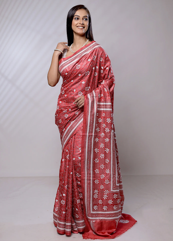 Pink Handloom Kantha Stitch Pure Silk Saree With Blouse Piece