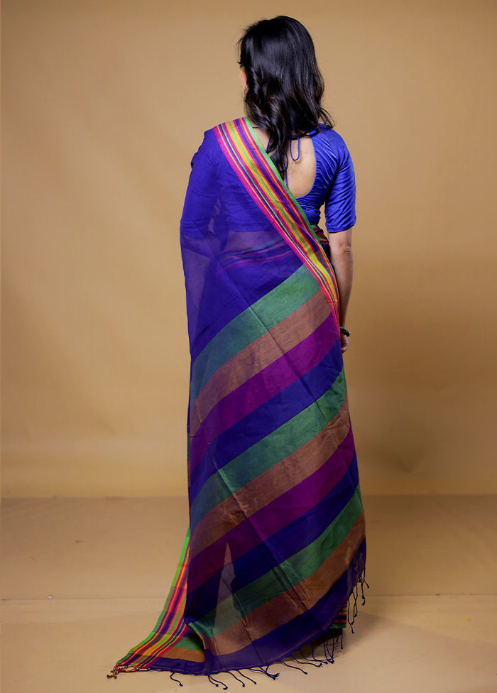 Blue Khadi Cotton Saree With Blouse Piece