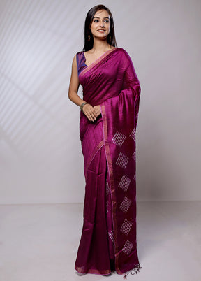 Purple Handloom Matka Pure Silk Saree With Blouse Piece