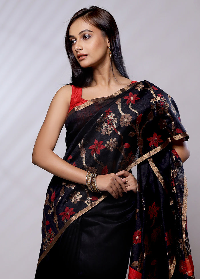 Black Handloom Matka Pure Silk Saree With Blouse Piece - Indian Silk House Agencies