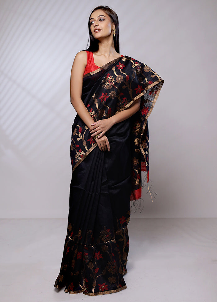 Black Handloom Matka Pure Silk Saree With Blouse Piece - Indian Silk House Agencies