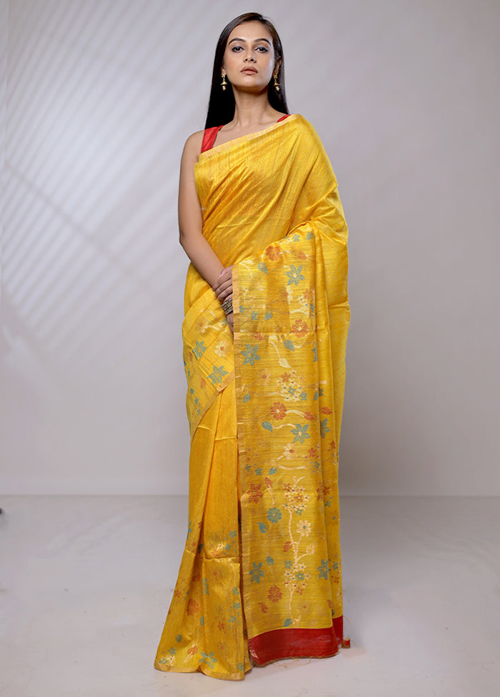 Yellow Handloom Matka Pure Silk Saree With Blouse Piece - Indian Silk House Agencies