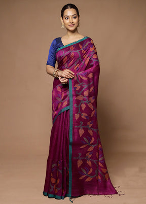 Purple Handloom Matka Pure Silk Saree With Blouse Piece