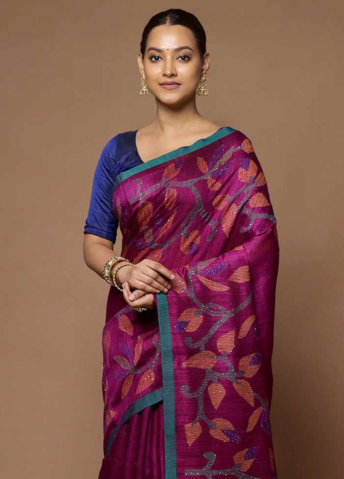 Purple Handloom Matka Pure Silk Saree With Blouse Piece