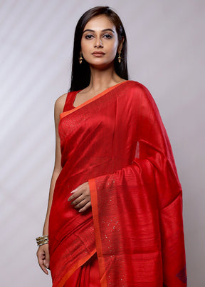 Red Handloom Matka Pure Silk Saree With Blouse Piece