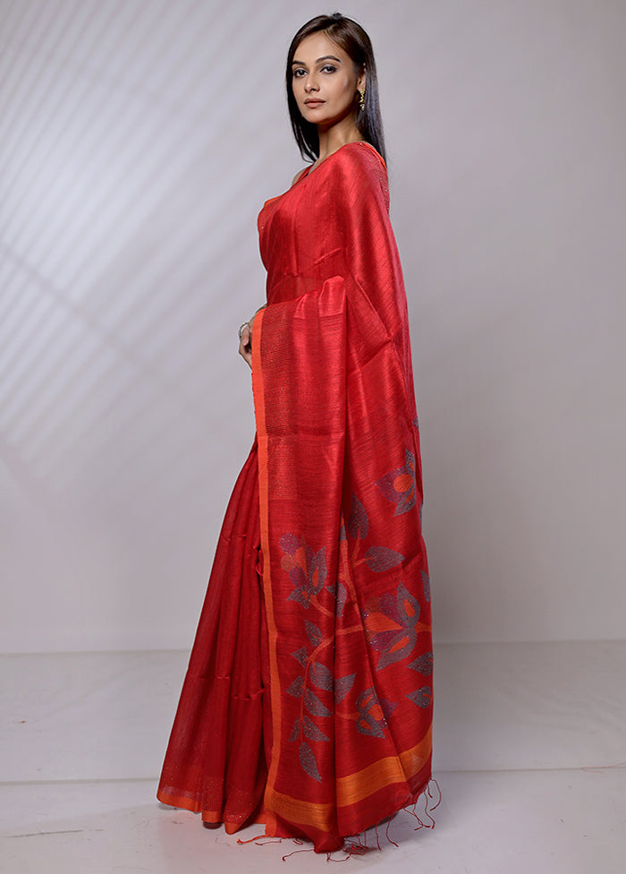 Red Handloom Matka Pure Silk Saree With Blouse Piece