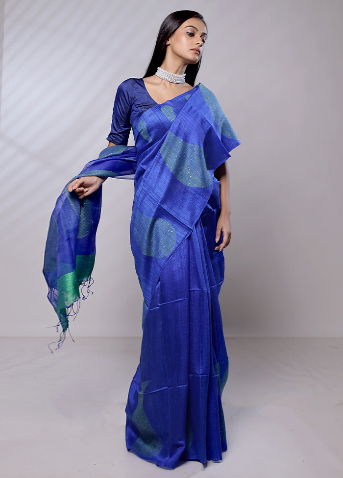 Blue Handloom Matka Pure Silk Saree With Blouse Piece