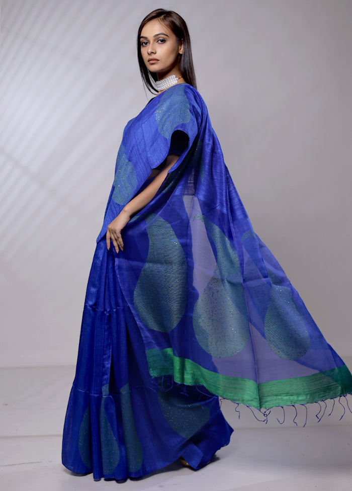 Blue Handloom Matka Pure Silk Saree With Blouse Piece