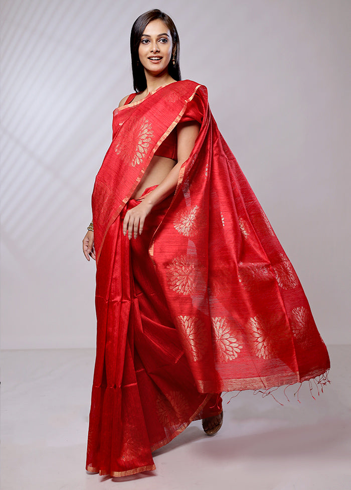 Red Handloom Matka Pure Silk Saree With Blouse Piece