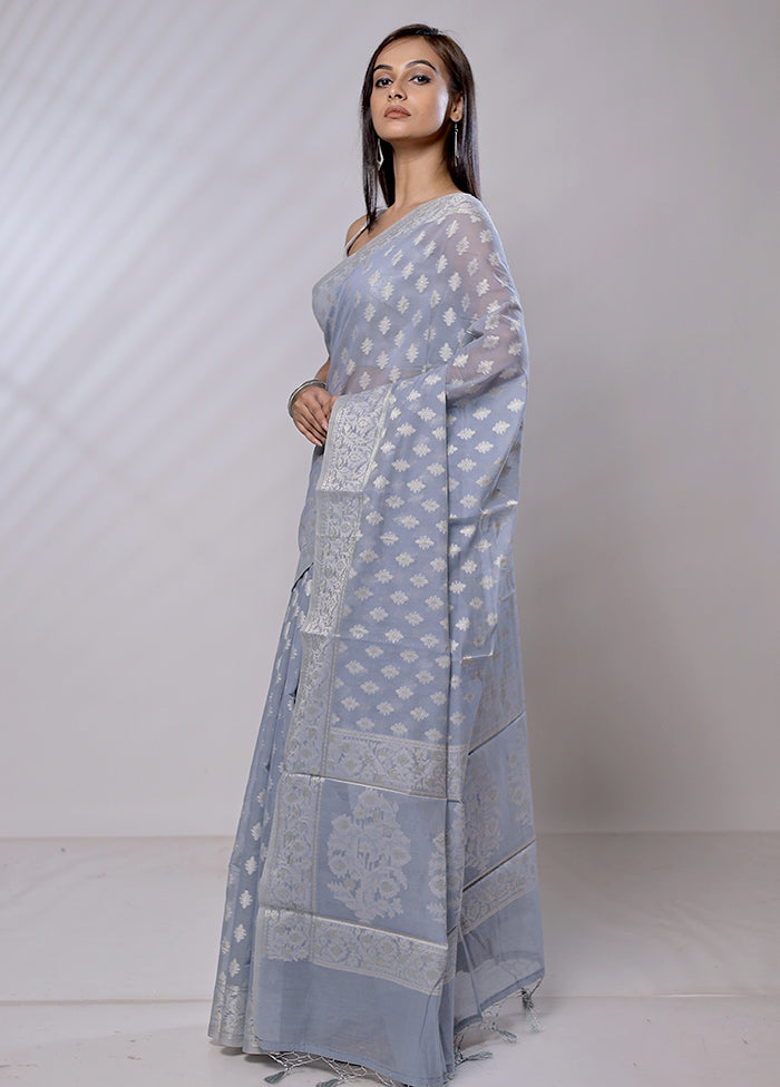 Grey Pure Cotton Saree With Blouse Piece