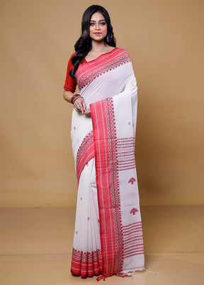 White Khadi Cotton Saree With Blouse Piece