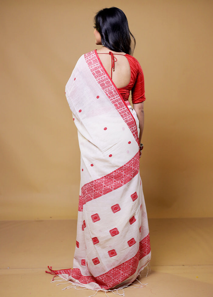 White Khadi Cotton Saree With Blouse Piece