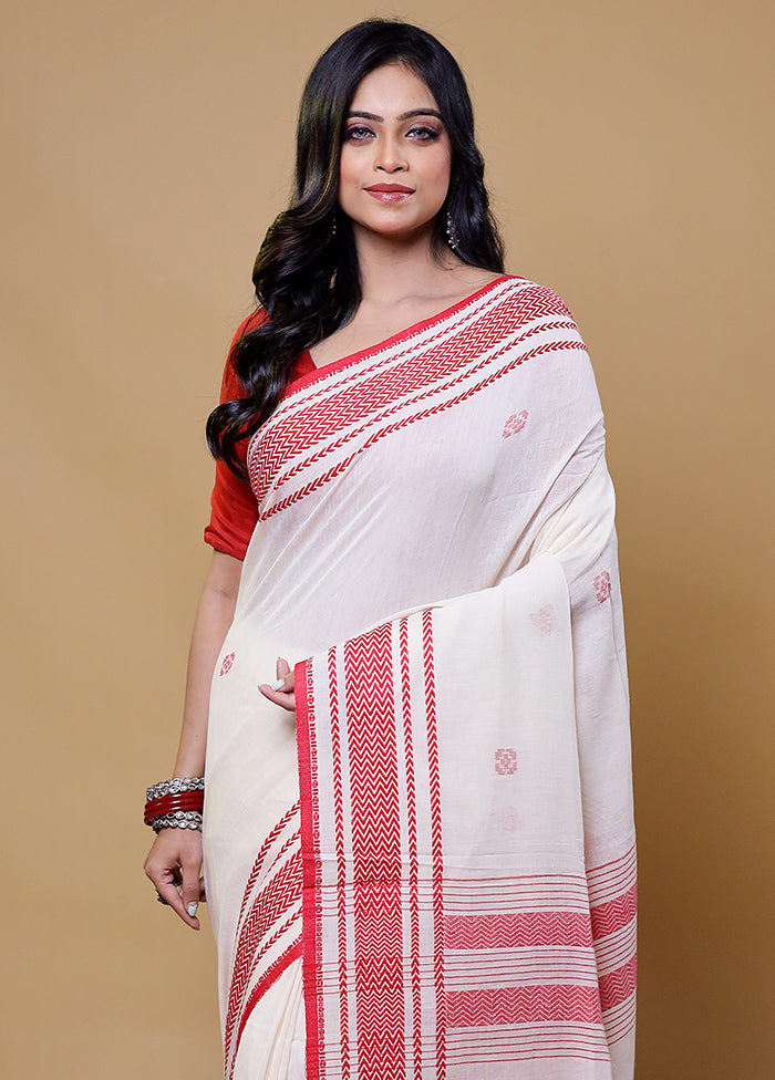 White Khadi Cotton Saree With Blouse Piece