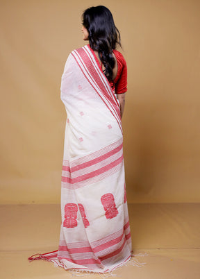 White Khadi Cotton Saree With Blouse Piece