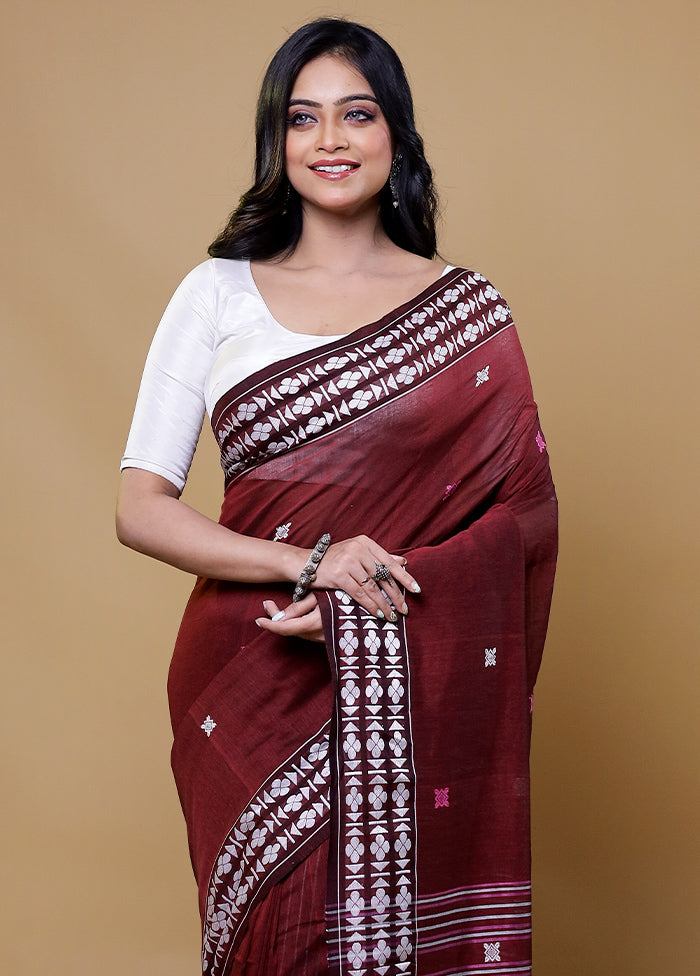 Maroon Khadi Cotton Saree With Blouse Piece