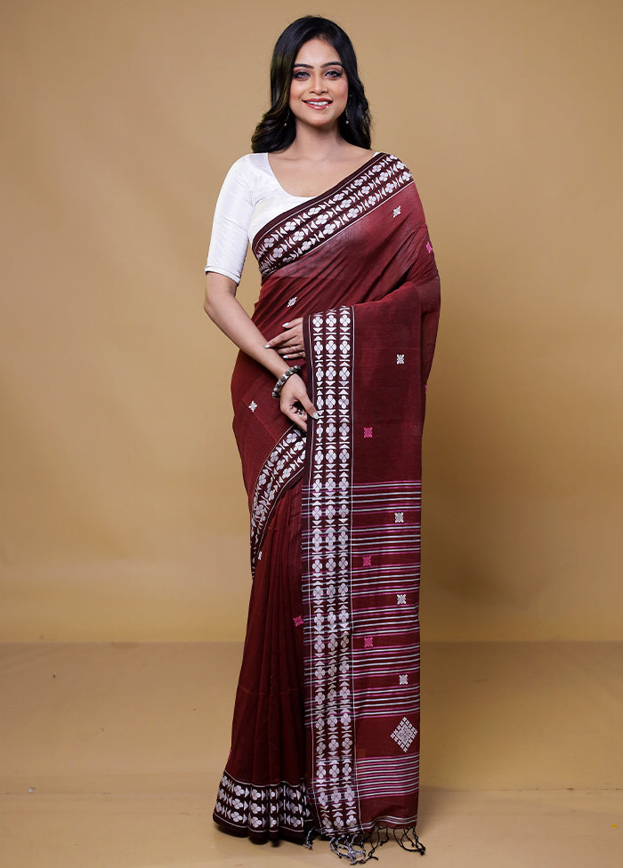 Maroon Khadi Cotton Saree With Blouse Piece