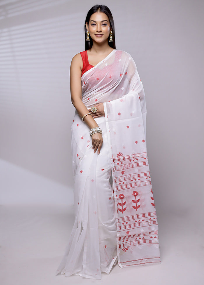 White Jamdani Cotton Saree Without Blouse Piece