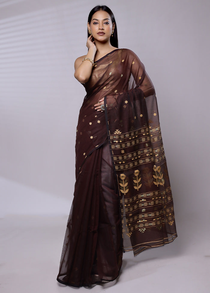 Maroon Jamdani Cotton Saree Without Blouse Piece