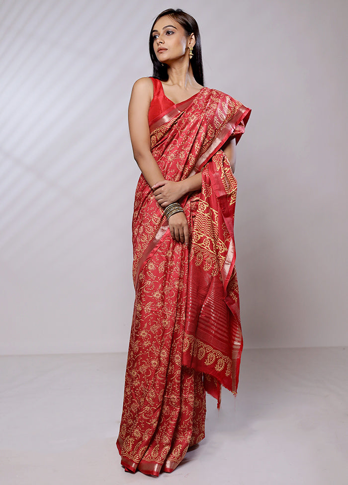 Red Chanderi Cotton Saree With Blouse Piece