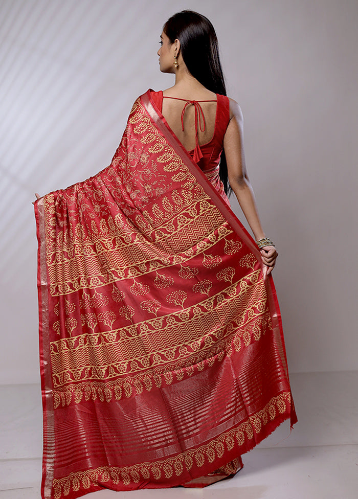 Red Chanderi Cotton Saree With Blouse Piece - Indian Silk House Agencies