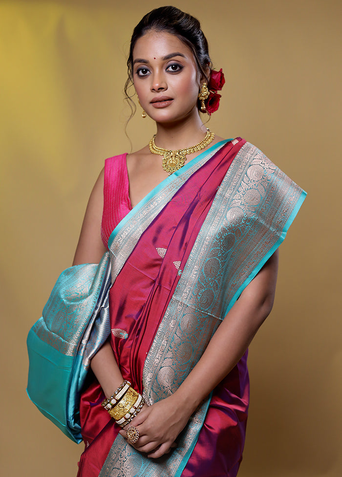 Maroon Handloom Katan Pure Silk Saree With Blouse Piece