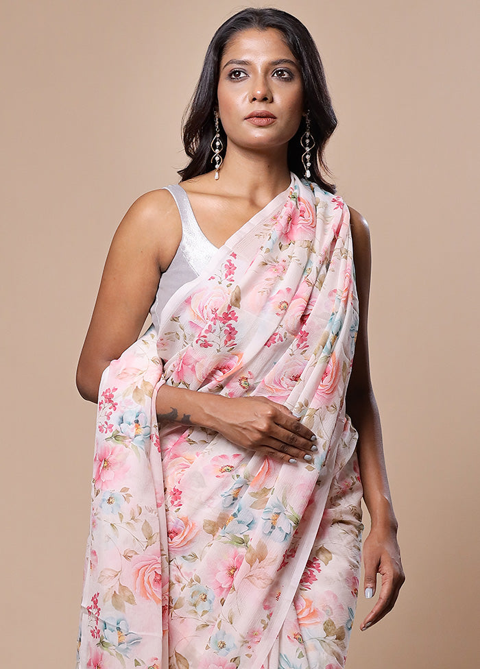 White Handloom Chiffon Pure Silk Saree With Blouse Piece