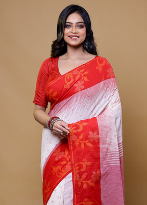 White Khadi Cotton Saree With Blouse Piece