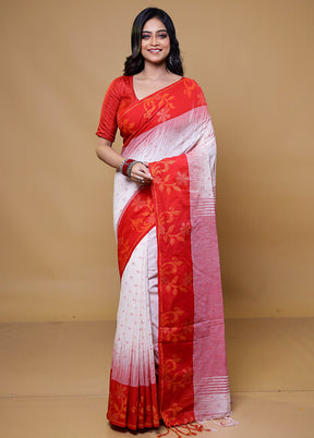 White Khadi Cotton Saree With Blouse Piece