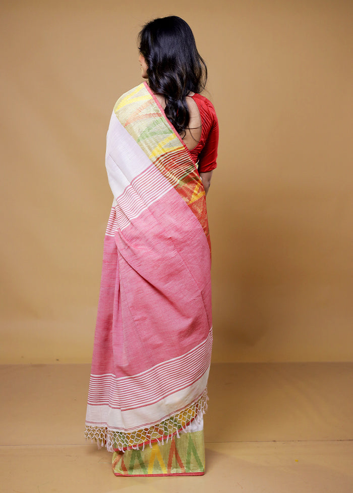 White Khadi Cotton Saree With Blouse Piece