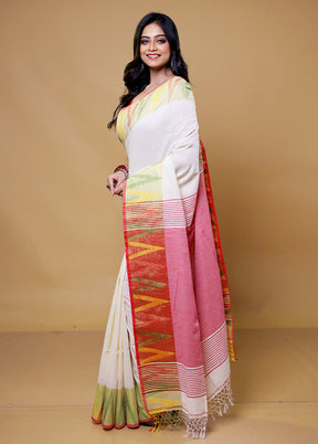 White Khadi Cotton Saree With Blouse Piece