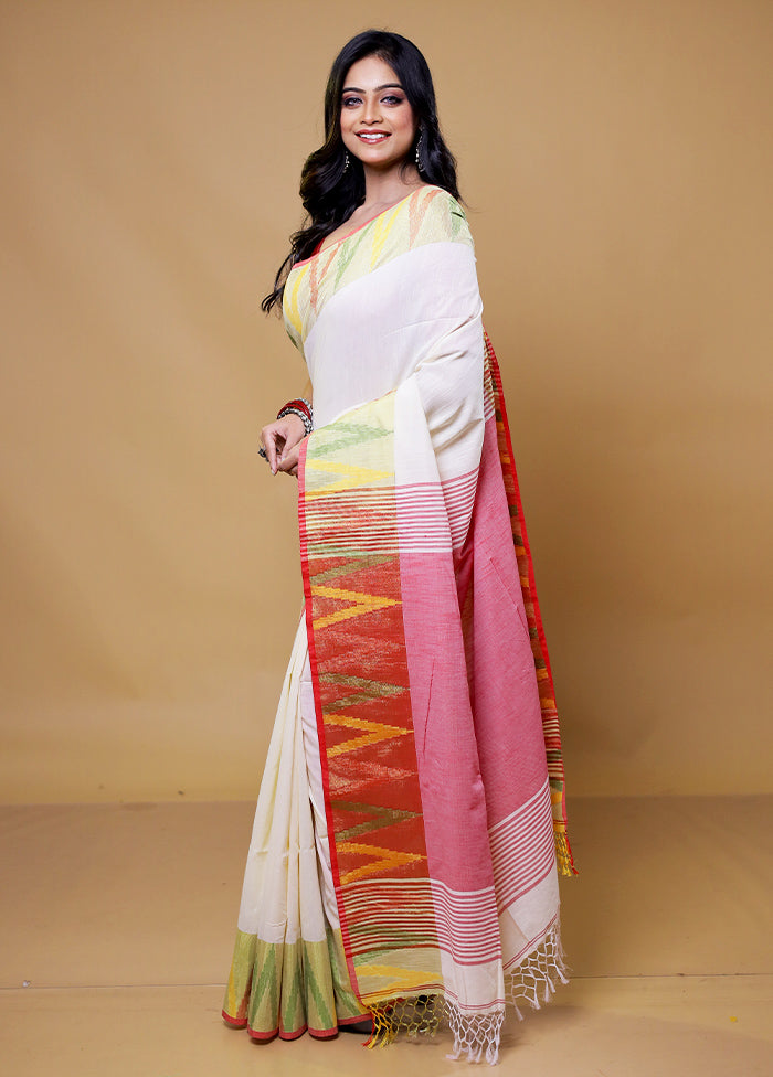 White Khadi Cotton Saree With Blouse Piece