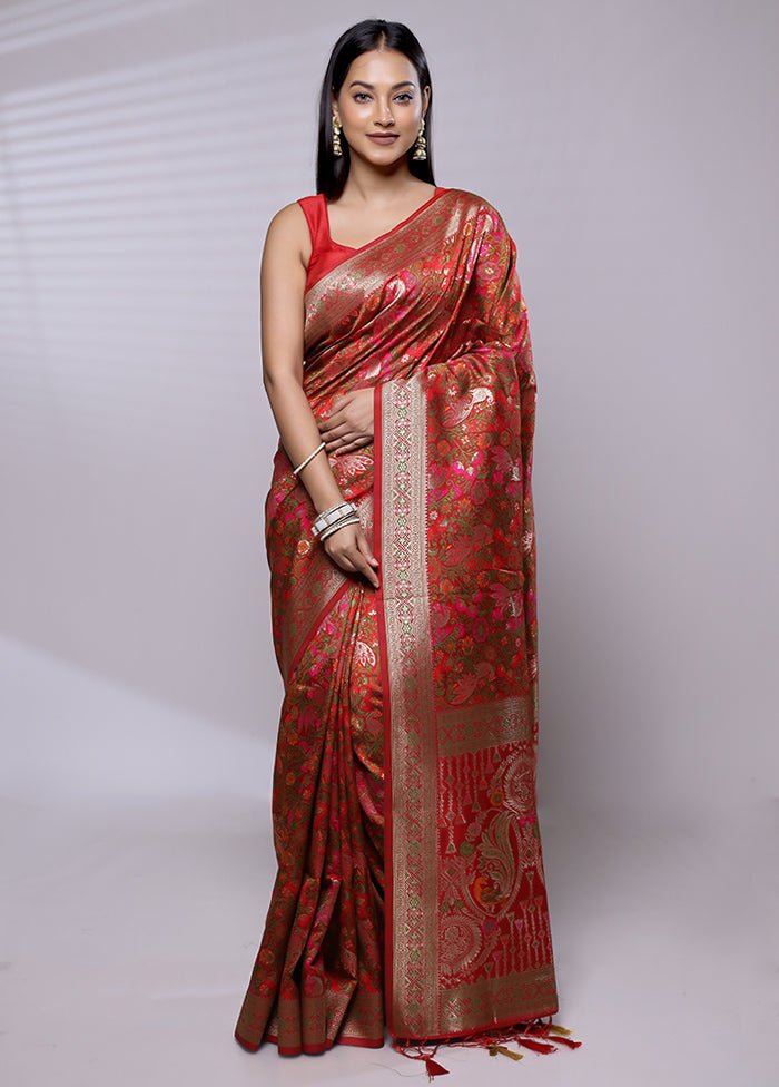 Red Dupion Silk Saree With Blouse Piece