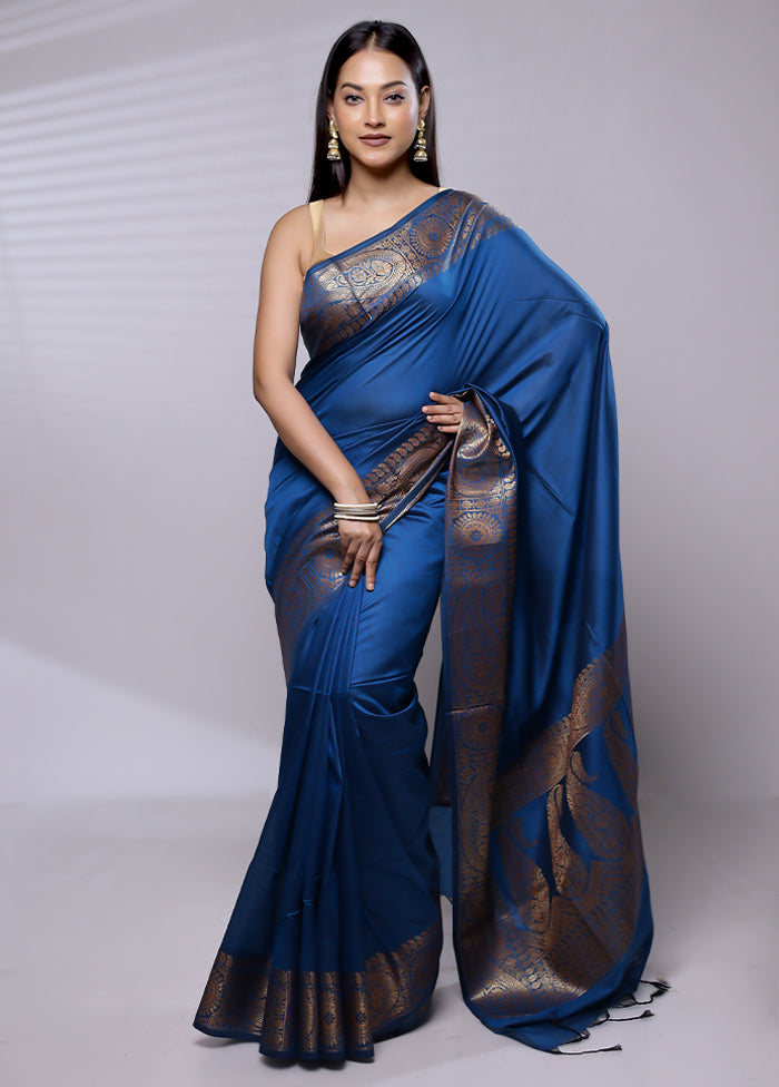 Blue Cotton Saree With Blouse Piece