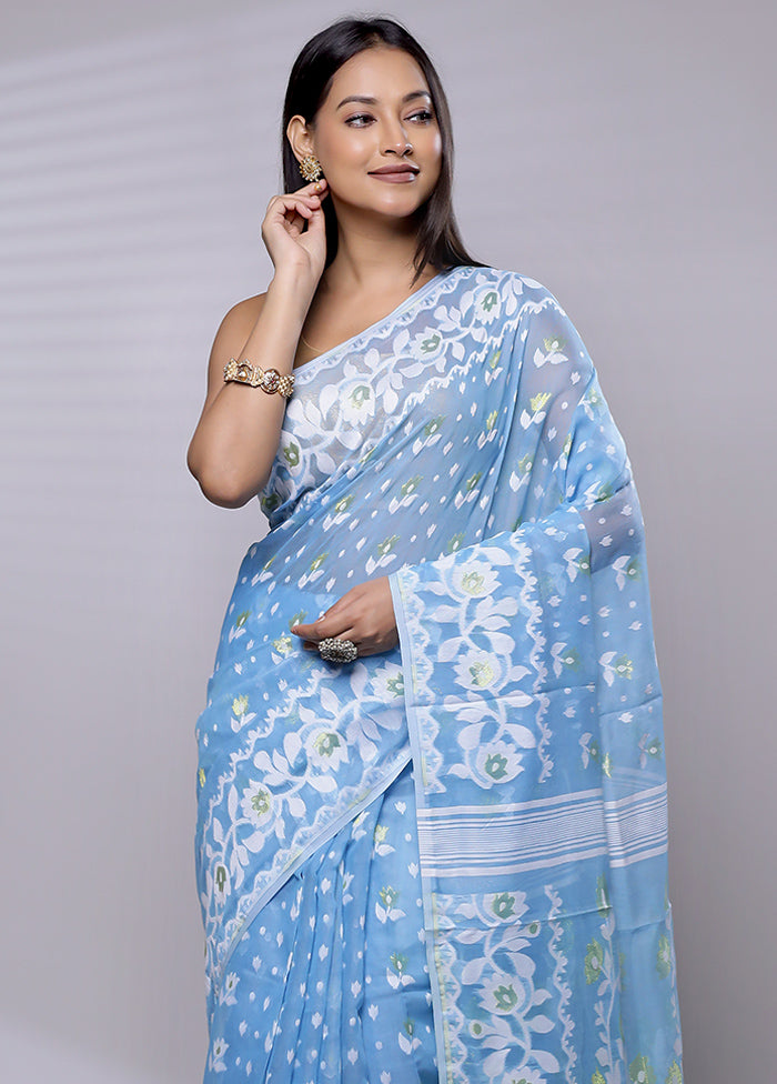 Blue Tant Jamdani Saree Without Blouse Piece - Indian Silk House Agencies