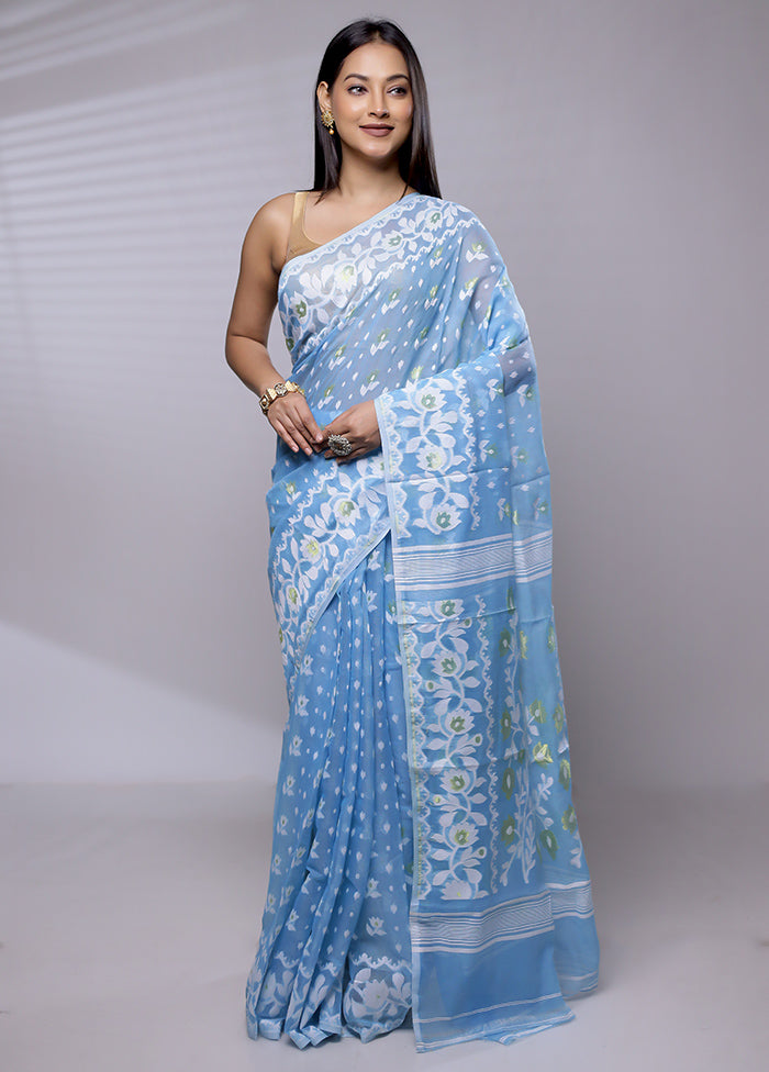 Blue Tant Jamdani Saree Without Blouse Piece - Indian Silk House Agencies